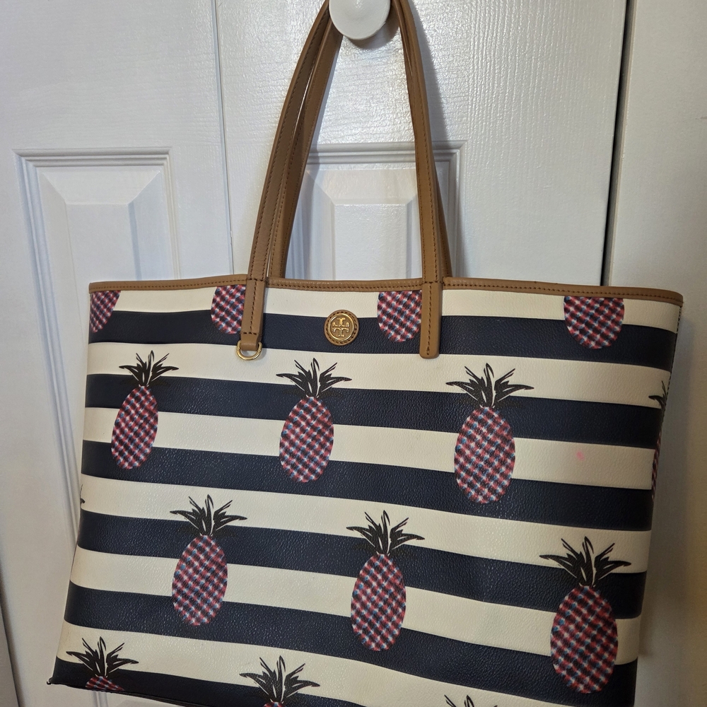 Tory Burch Navy, Cream & Brown Pineapple Stripe Tote